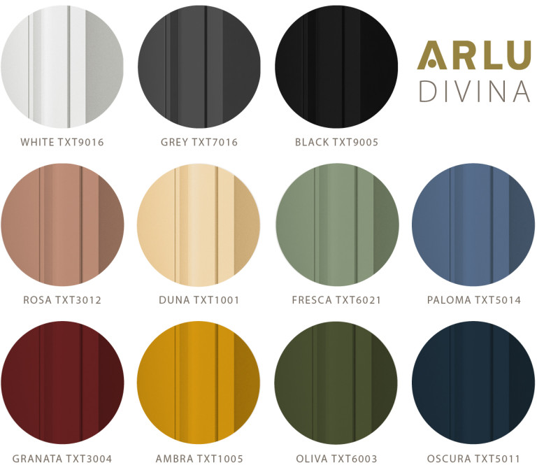 Divina - glass partitions & doors - available in 11 colours: white, black, grey, rosa, duna, fresca, paloma, granata, ambra, oliva, oscura